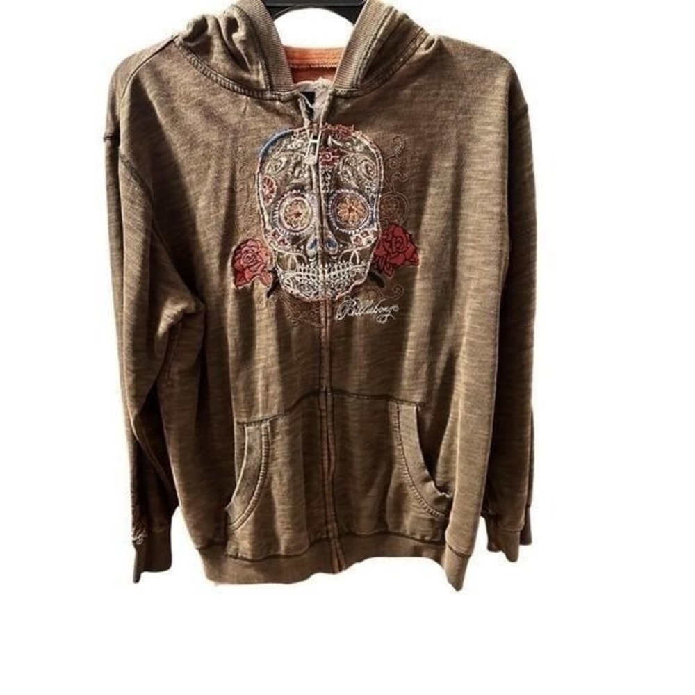 Y2K vintage Brown Billabong zip-up hoodie with skull and rose embroidery